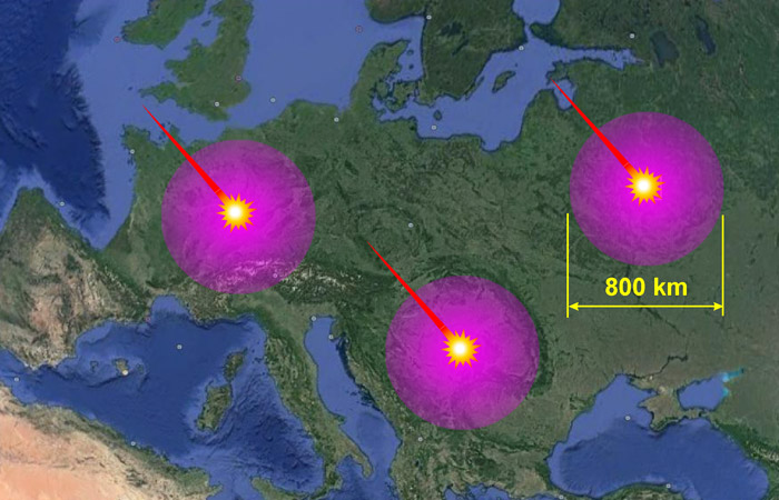 Рис.1. Зоны разрушений для случаев падения астероида в различных местах Европы
