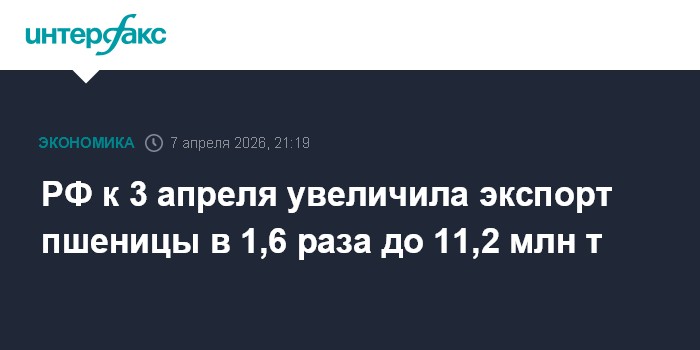 РФ к 3 апреля увеличила экспорт пшеницы в 1,6 раза до 11,2 млн т