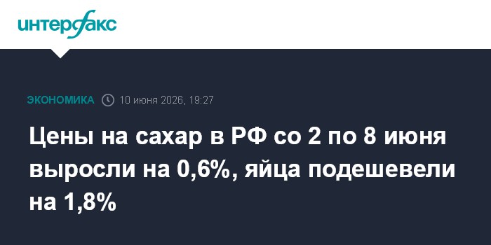 Цены на сахар в РФ со 2 по 8 июня выросли на 0,6%, яйца поде