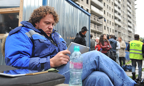 Глава инвестиционно-девелоперской компании Nazvanie.net (бывшая Mirax Group) Сергей Полонский, на строительной площадке многофункционального комплекса "Кутузовская миля", где он объявил голодовку в связи с рейдерским захватом территории комплекса.