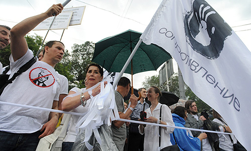 Во время шествия в рамках акции оппозиции "Марш миллионов" от Пушкинской площади до проспекта Сахарова.