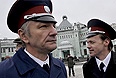 Во время патрулирования площади Белорусского вокзала участниками казачьей народной дружины.