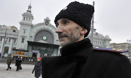 Во время патрулирования площади Белорусского вокзала участниками казачьей народной дружины.