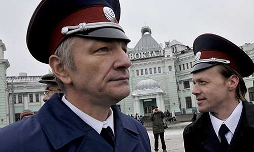 Во время патрулирования площади Белорусского вокзала участниками казачьей народной дружины.