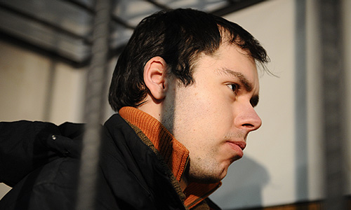 Юрист Дмитрий Виноградов, обвиняемый в расстреле своих коллег в офисе фармацевтической компании "Ригла", во время рассмотрения ходатайства следствия о продлении ареста в Бабушкинском суде.