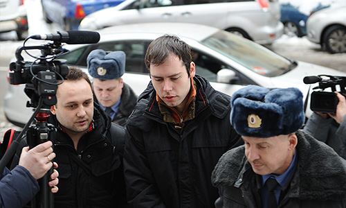 Юрист Дмитрий Виноградов, обвиняемый в расстреле своих коллег в офисе фармацевтической компании "Ригла", во время рассмотрения ходатайства следствия о продлении ареста в Бабушкинском суде.