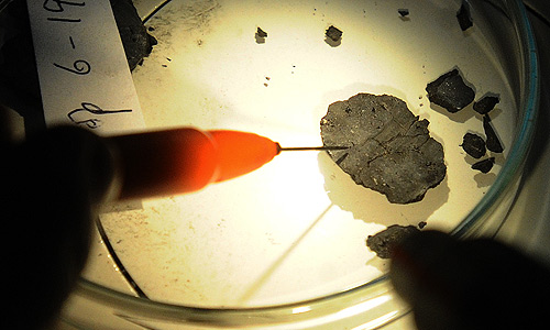 Во время исследования фрагмента метеорита, осколки которого были найдены на территории Челябинской области, в лаборатории геохимии благородных металлов Института геохимии и аналитической химии им. В.И. Вернадского РАН.