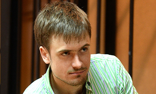 Активист арт-группы "Война", муж участницы панк-группы Pussy Riot Надежды Толоконниковой Петр Верзилов во время рассмотрения ходатайства об условно-досрочном освобождении Н.Толоконниковой в Зубово-Полянском суде.