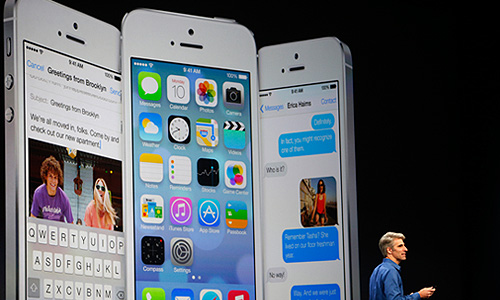 Новая версия системы была показана на организованной Apple в Сан-Франциско конференции WWDC. Седьмая версия мобильной системы получила новый "плоский" дизайн. В ней также впервые появилась полноценная многозадачность. Интерфейс и штатные программы iOS 7 были значительно переработаны. В частности, у пользователей теперь будет возможность слушать бесплатное интернет-радио iTunes Radio.