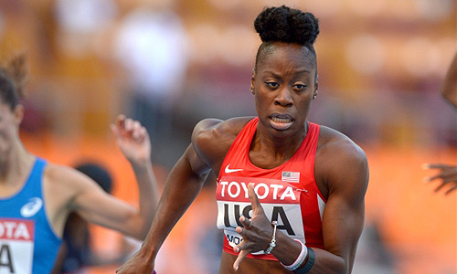 Американская спортсменка в предварительном забеге эстафеты 4х400 м среди женщин на чемпионате мира по легкой атлетике в Москве.