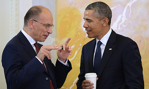 Барак Обама и председатель Совета министров Италии Энрико Летта во время рабочего заседания глав делегаций государств-участников "Группы двадцати" G20, приглашенных государств и международных организаций.