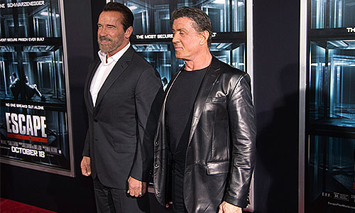 Арнольд Шварценеггер и Сильвестр Сталлоне на премьере фильма "План побега" в Нью-Йорке.