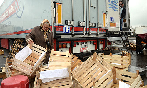 Пожилая женщина ищет оставленные торговцами продукты на территории закрывшегося рынка при овощебазе "Новые Черемушки" в столичном районе Бирюлево.