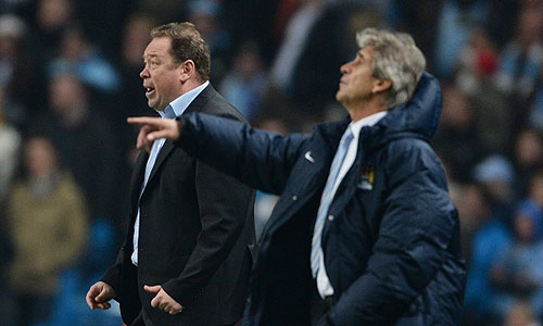 Главный тренер ПФК ЦСКА Леонид Слуцкий (слева) и главный тренер ФК "Манчестер Сити" Мануэль Пеллегрини во время матча группового этапа Лиги Чемпионов УЕФА сезона 2013/14 между ФК "Манчестер Сити" (Великобритания, Манчестер) и ПФК ЦСКА (Россия, Москва).