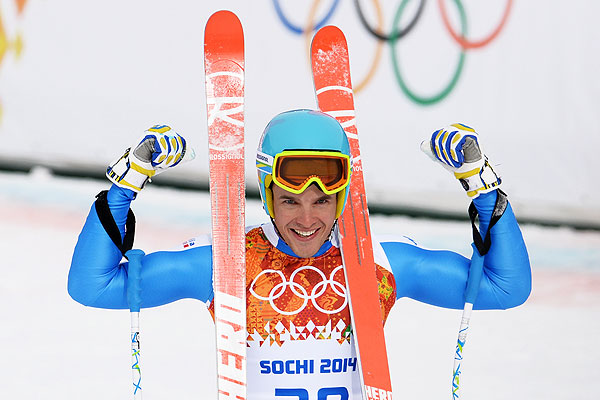 Кристоф Иннерхофер (Италия) на финише скоростного спуска в соревнованиях по горнолыжному спорту среди мужчин на XXII зимних Олимпийских играх в Сочи.