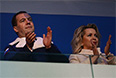 Председатель правительства РФ Дмитрий Медведев с супругой Светланой во время театрализованного представления на церемонии открытия XI зимних Паралимпийских игр в Сочи.