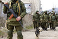 Вооруженные мужчины и собака на окраине Симферополе.