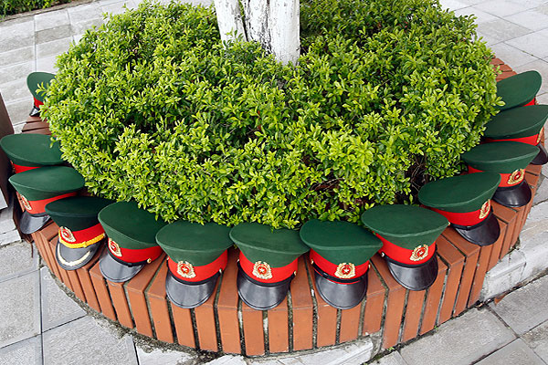 Фуражки вьетнамских военных их хозяева выложили на скамейке вокруг дерева.