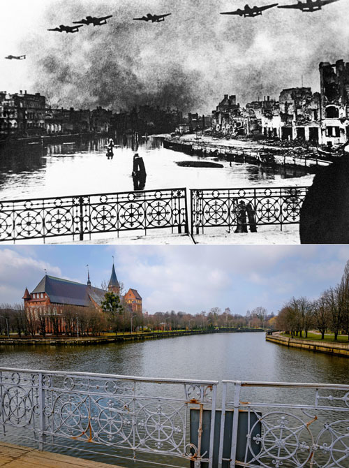 Кенигсберг, 1945 год. Советские бомбардировщики над городом.

Калининград. Кафедральный собор.