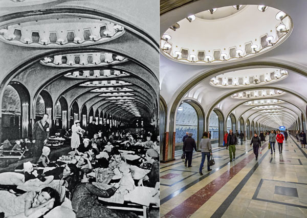 Москва, 1941 год. В подземном вестибюле станции метро "Маяковская" во время воздушной тревоги.

Пассажиры в подземном вестибюле станции метро "Маяковская ".