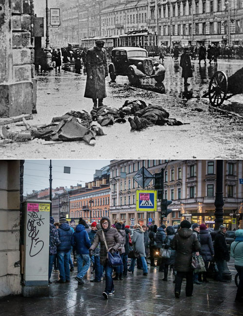 Ленинград, 1941 год. На Невском проспекте после обстрела города немецкой артиллерией.

Санкт-Петербург. Прохожие на Невском проспекте.