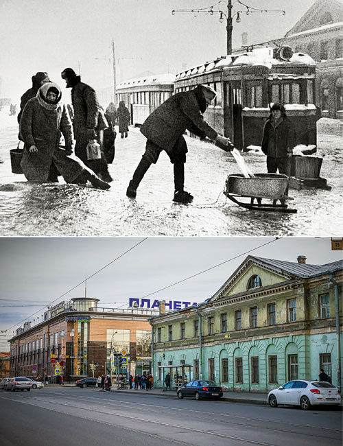 Ленинград. Жители города набирают воду из водопроводного люка на Звенигородской улице в дни блокады. 

Санкт-Петербург. Вид на Звенигородскую улицу.