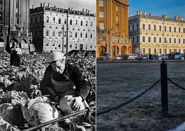 Ленинград. Выращивание овощей на площади у Исаакиевского собора во время блокады города. 

Санкт-Петербург. Вид на гостиницу "Астория" и Большую Морскую улицу с Исаакиевской площади.