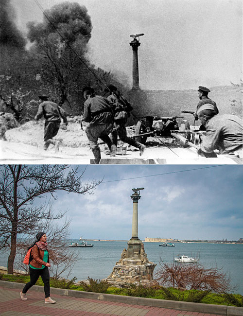 Севастополь, 1944 год. Последние минуты боя на Приморском бульваре города в день его освобождения.

Севастополь. Вид на памятник затопленным кораблям на Приморском бульваре.