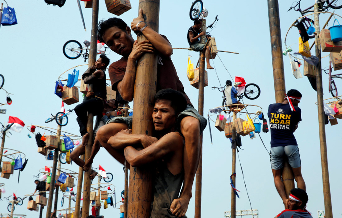 Индонезия отмечает День независимости. Одним из старейших и самых популярных способов празднования в стране считается конкурс Панжат Пинанг, участникам которого необходимо добраться до призов, висящих на вершине смазанного жиром столба.