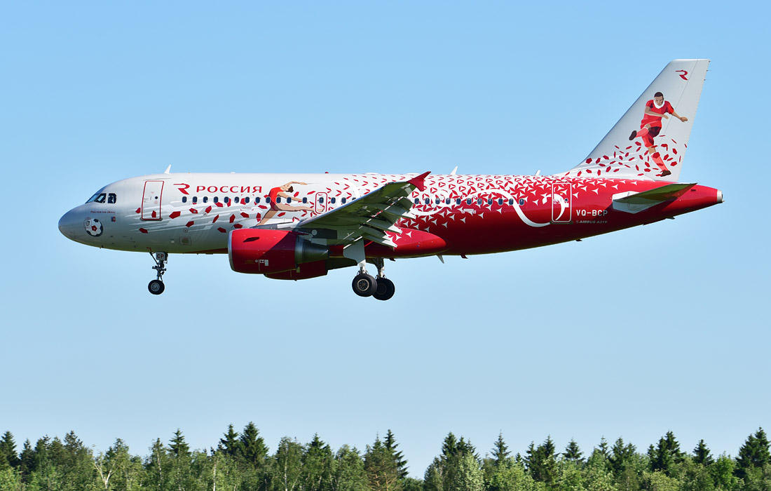 Самолет авиакомпании "Россия" в специальной ливрее к чемпионату мира по футболу во время посадки в аэропорту Внуково