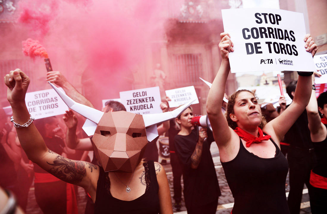 Акция протеста зоозащитников в преддверии фестиваля Сан-Фермин в испанской Памплоне. Активисты выступают против издевательства над быками и убийства животных во время боев.