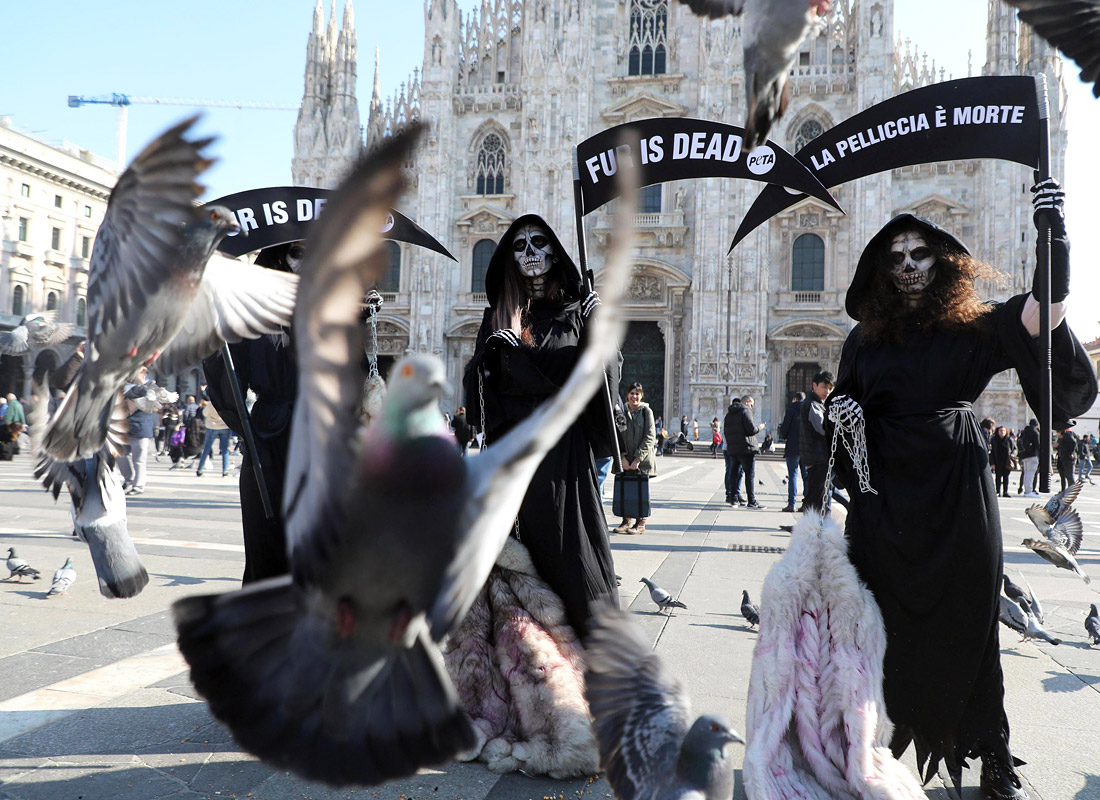 Акция движения PETA против использования меха животных на площади Дуомо перед началом Недели моды в Милане