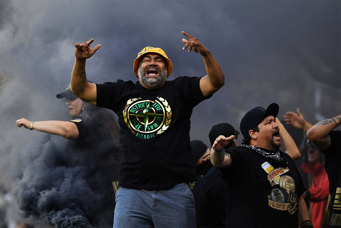 Фанаты команды San Jose Earthquakes радуются успехам своей команды. Лос-Анджелес.
