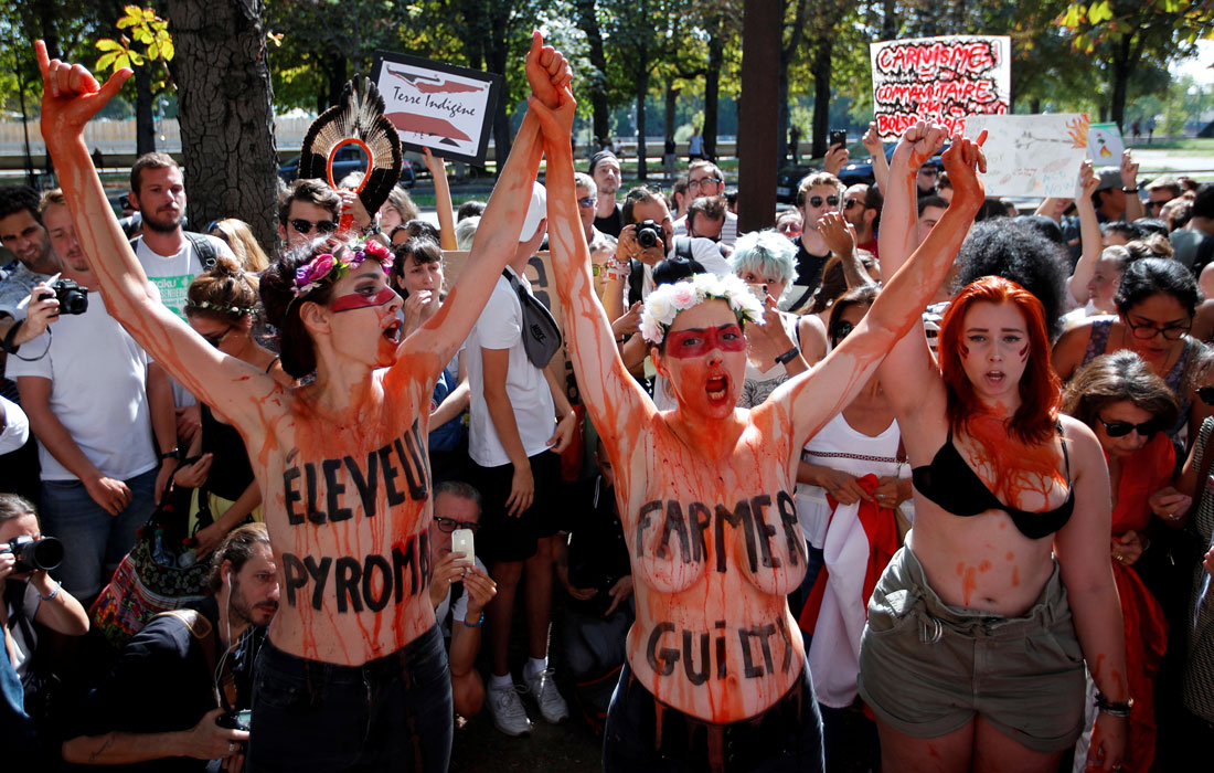 Климатические активисты вышли на акцию протеста возле посольства Бразилии в Париже из-за пожаров в тропических лесах Амазонии