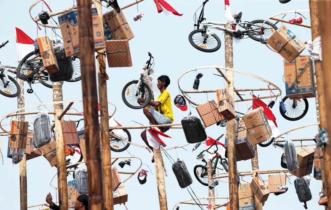 Участник соревнования Панжат Пинанг добрался до призов, висящих на вершине смазанного жиром столба, во время празднования Дня независимости в Джакарте