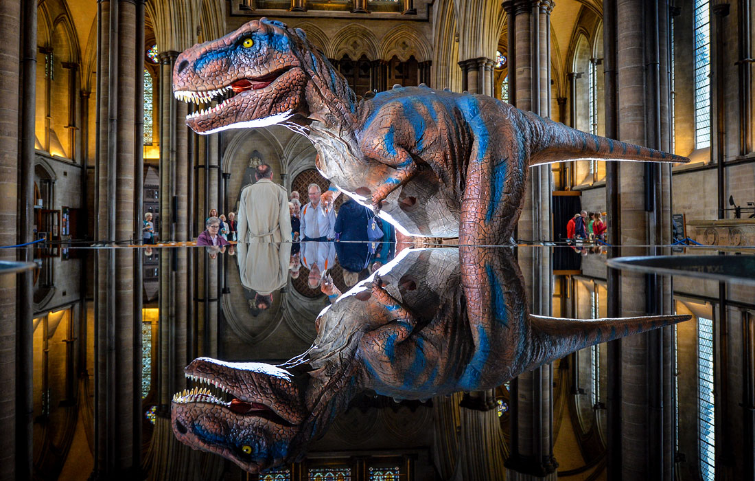 Четырехметровая управляемая модель тираннозавра рекса, выставленная в Солсберийском соборе перед юрскими выходными в октябре. На ее примере посетители смогут увидеть, как существа двигались, охотились и развивались.