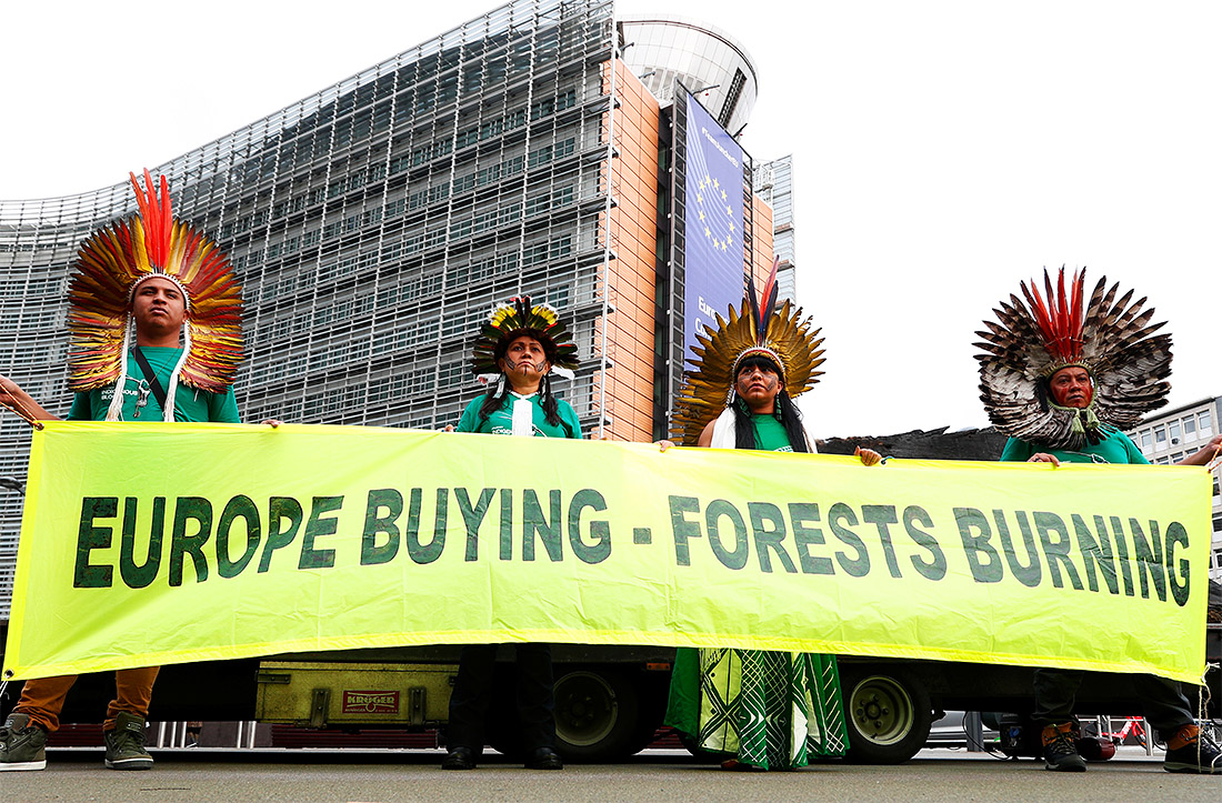 Коренные жители Бразилии устроили пикет в защиту амазонского леса у здания Европарламента