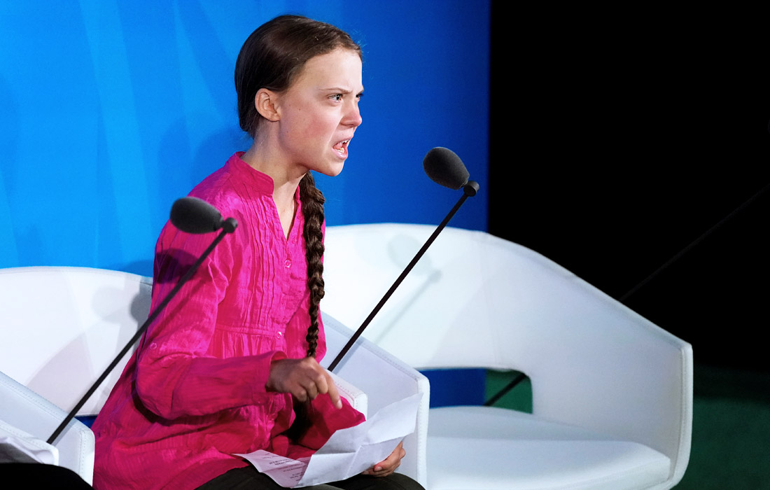 23 сентября на саммите Организации Объединенных Наций по изменению климата в Нью-Йорке самым ярким выступлением стала речь 16-летней шведской активистки Греты Тунберг, которая обвинила мировых лидеров во лжи и краже ее детства. С августа 2018 года девочка устраивает массовые акции протеста против бездействия чиновников в борьбе с изменением климата. Журнал Time назвал Грету Тунберг человеком года.