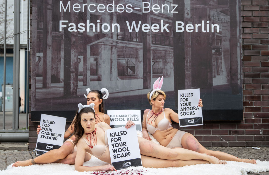 Защитники животных из PETA провели демонстрацию на Неделе моды Mercedes-Benz в Берлине. Они протестовали против использования шерсти в индустрии моды.