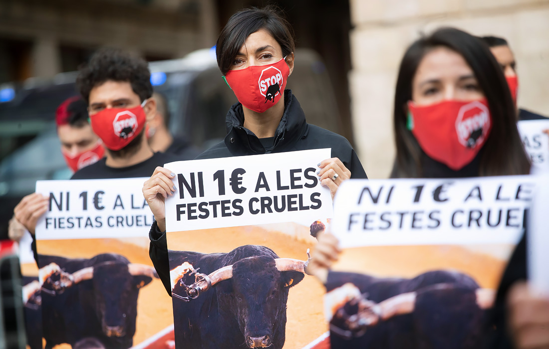 Несколько активистов группы по защите прав животных AnimaNaturalis вышли на протест против забега быков в Барселоне
