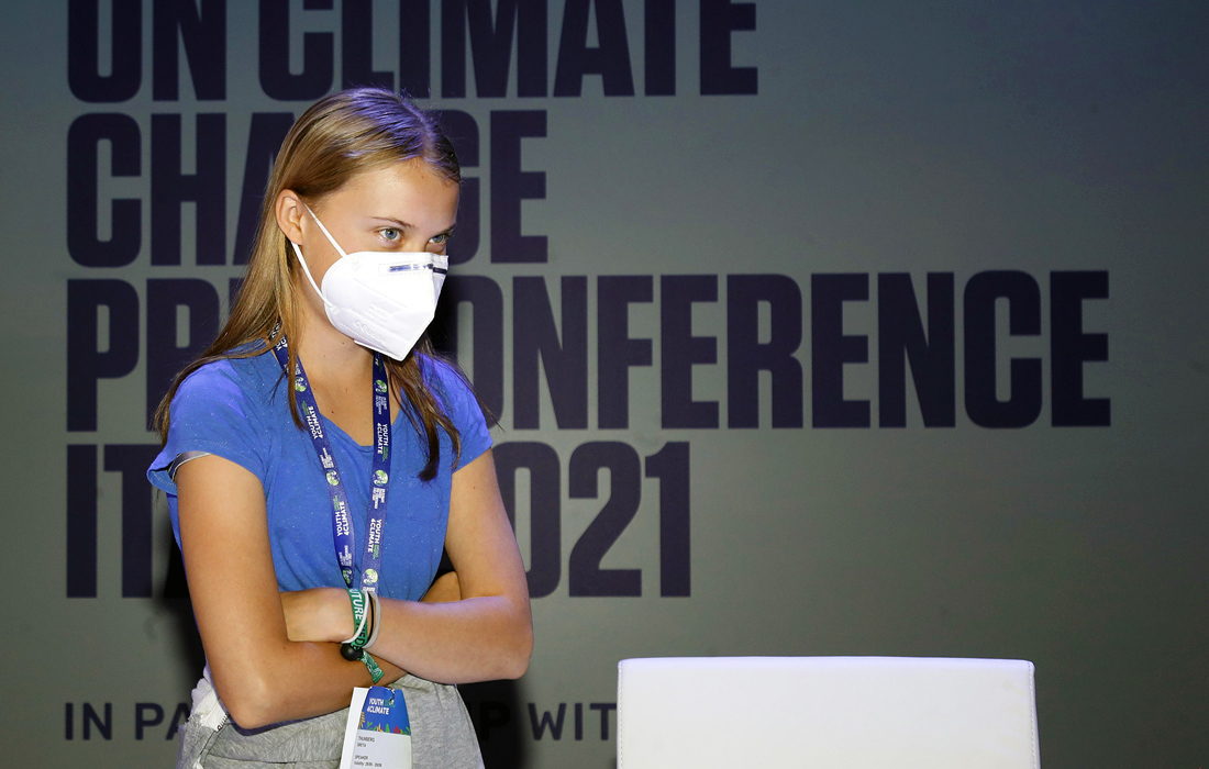 Экоактивистка Грета Тунберг на климатическом форуме "Youth4Climate: Driving Ambition" в Милане