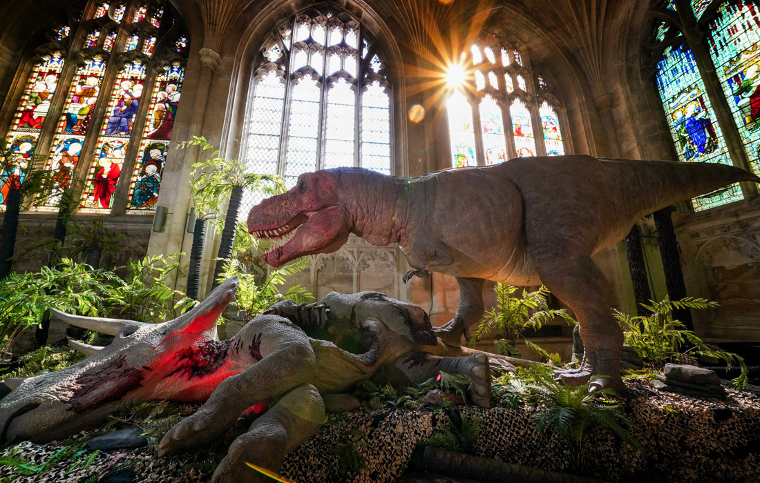 Передвижная выставка Музея естественной истории "T Rex: The Killer Question" в соборе Питерборо в Англии