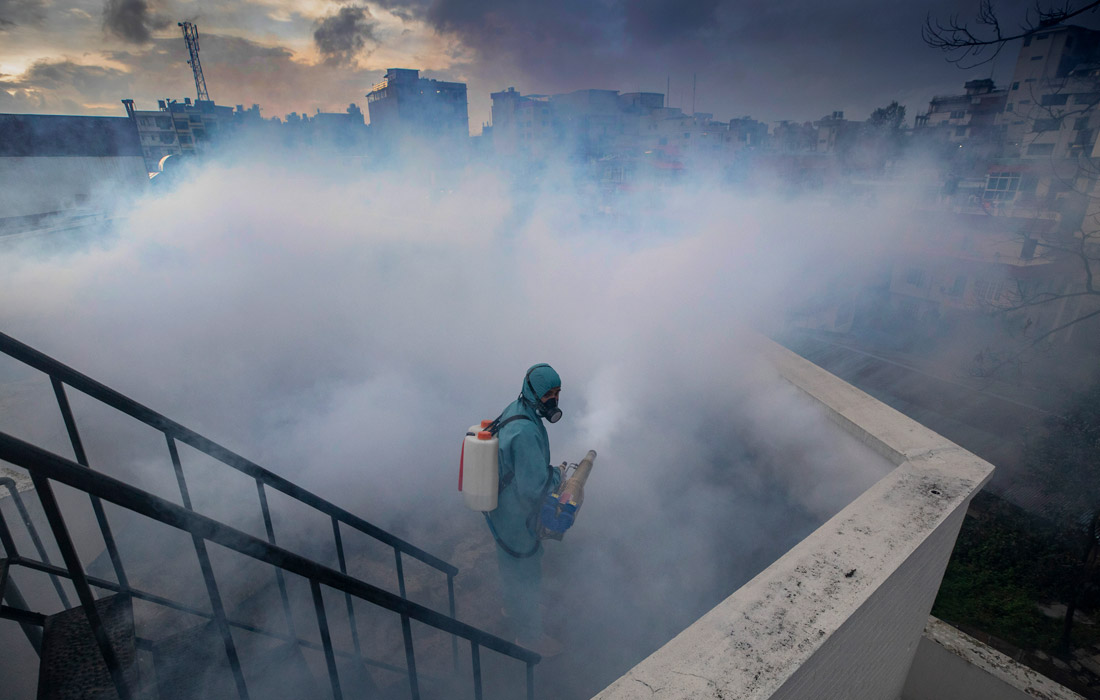 В Непале усилена координация профилактических мер против распространения лихорадки Денге. Работники муниципальных служб распыляют на улицах специальные химикаты для уничтожения москитов.