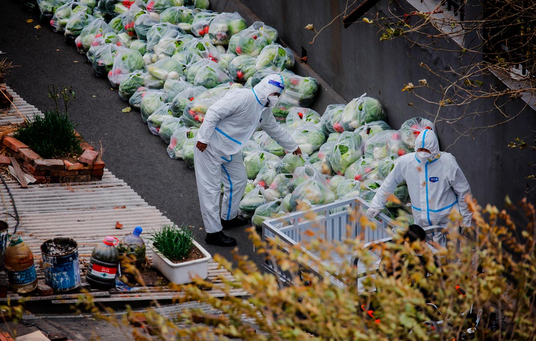 Медицинские работники-добровольцы готовят пакеты с продуктами для жителей, находящихся на карантине в Пекине