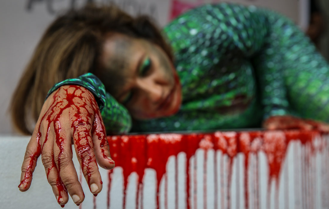 Акция организации PETA против использования кожи экзотических животных у бутика Hermes в Мумбаи