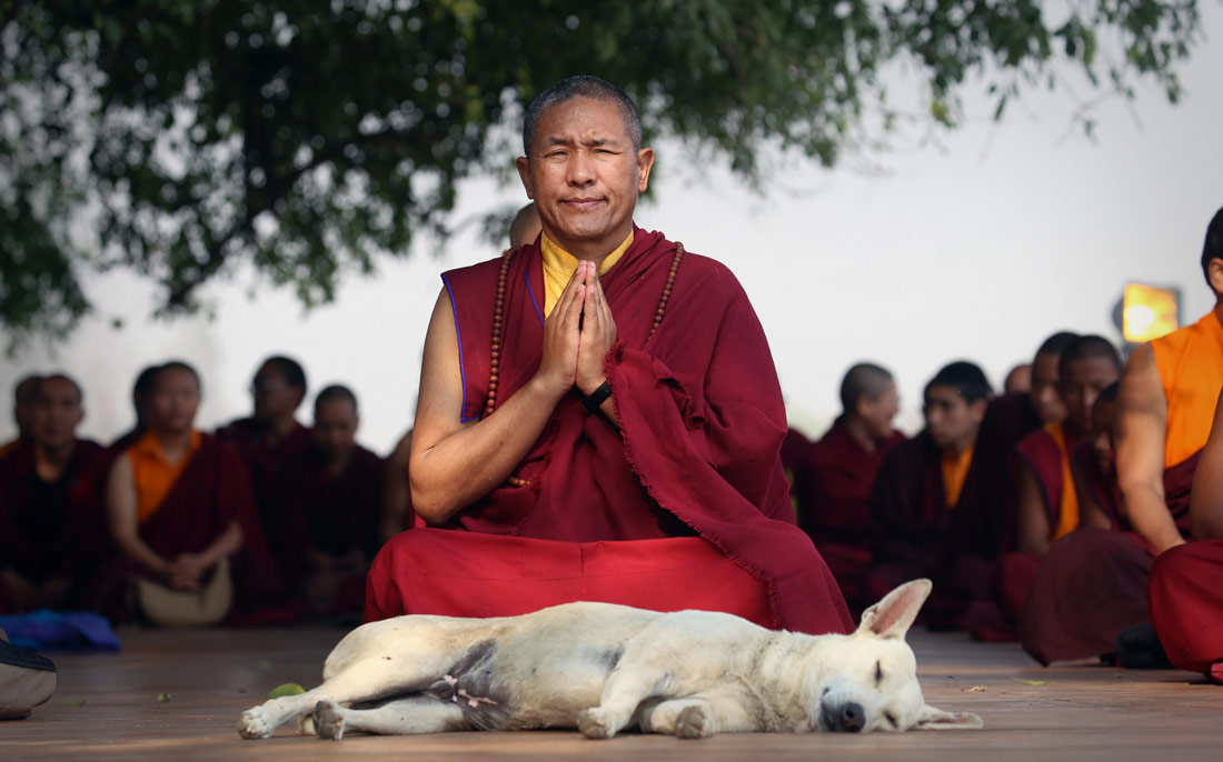 Монах участвует в массовой медитации в рамках второго Международного фестиваля мира в Непале