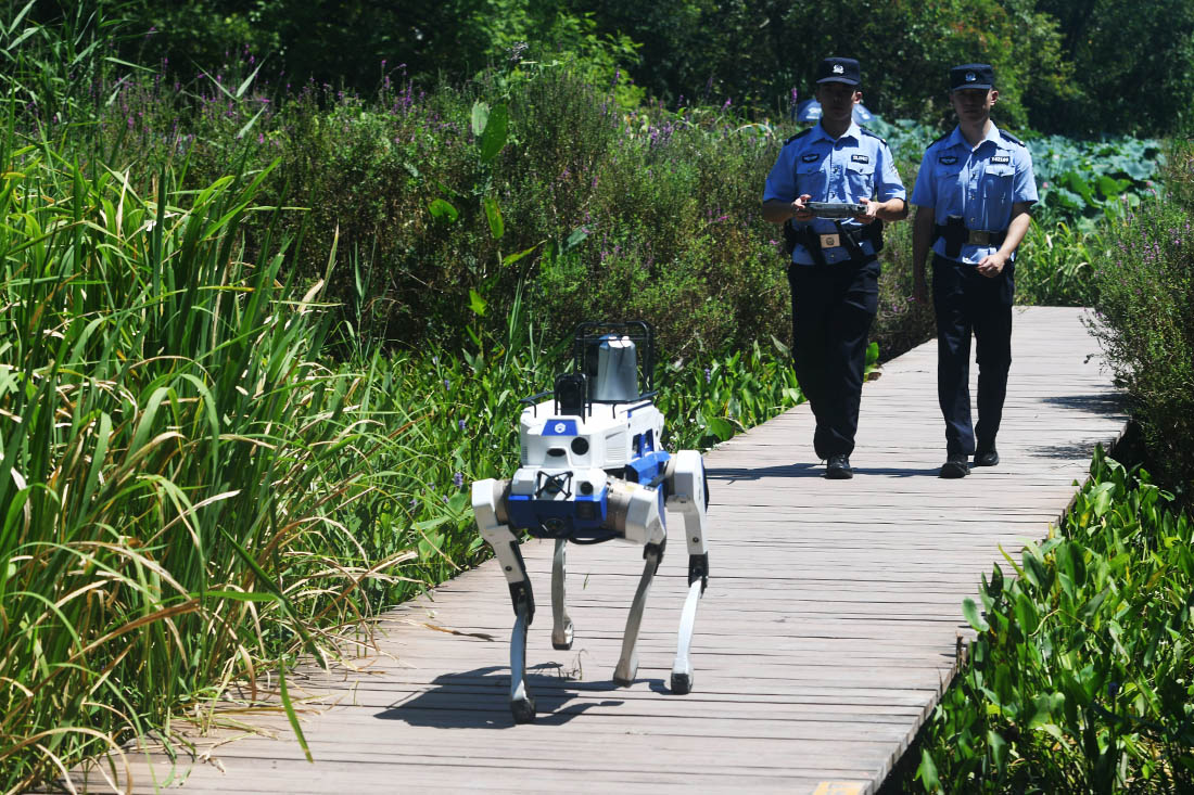 Полицейские испытывают полицейского робопса в Гуанчжоу