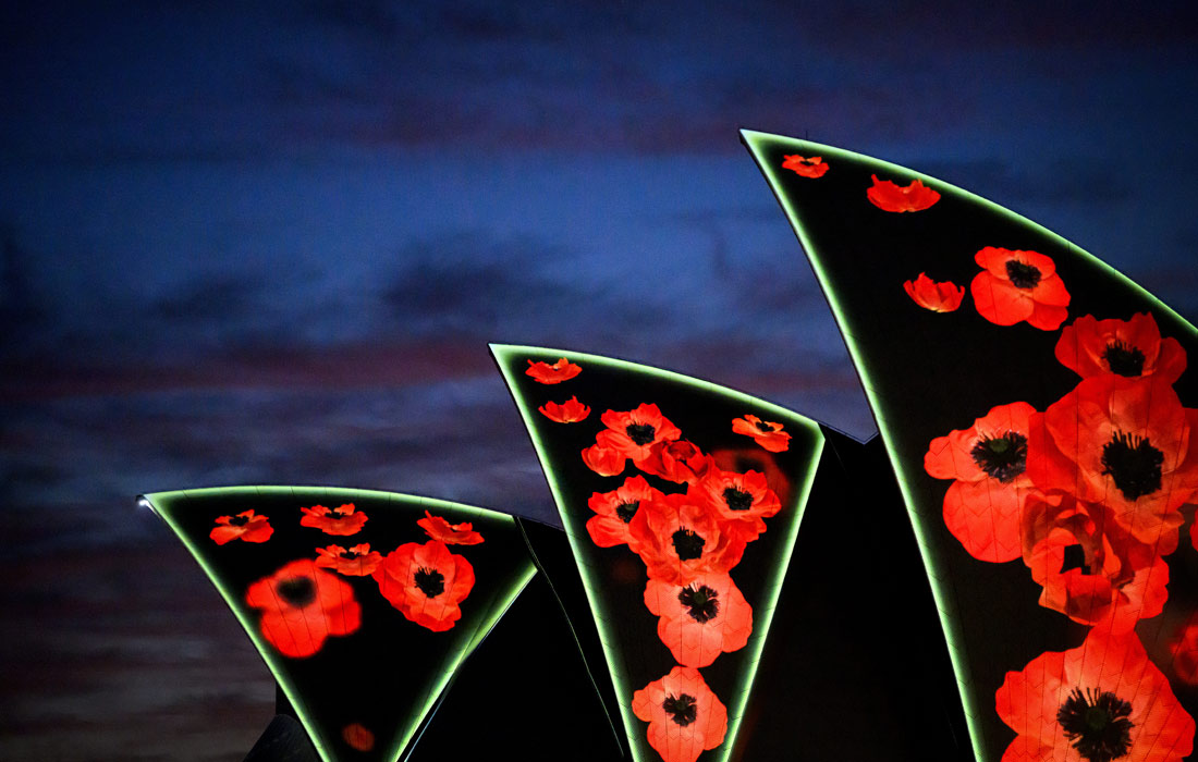 Проекция маков на Оперном театре в День поминовения павших в Австралии