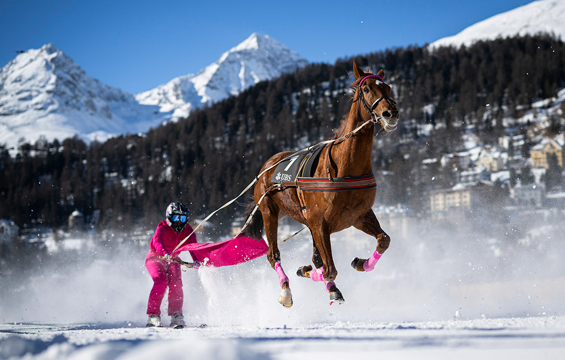 Международные скачки White Turf на льду замерзшего озера Санкт-Мориц в Швейцарии