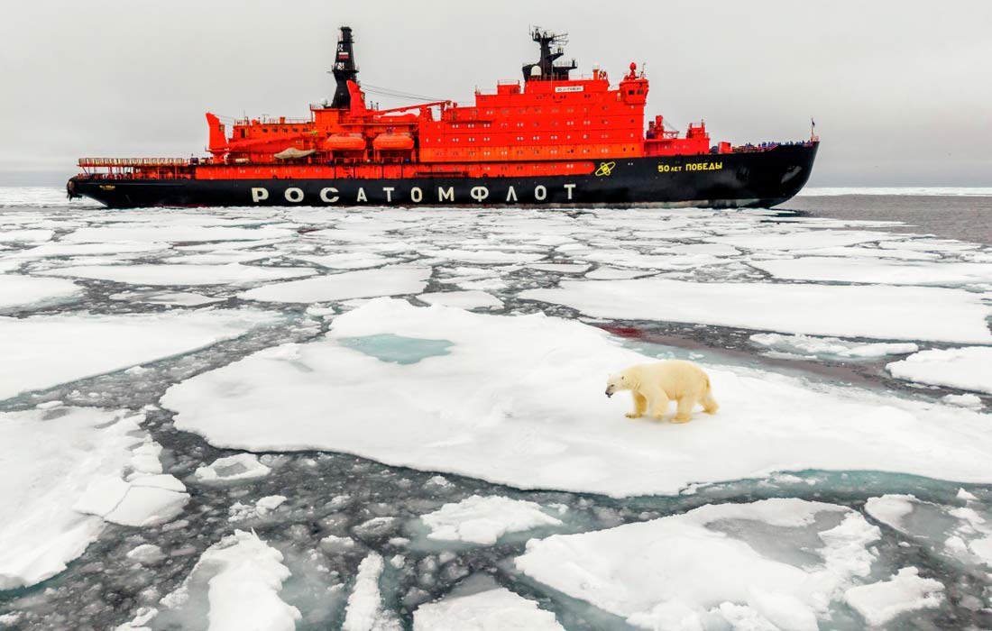Научно-просветительская экспедиция на Северный полюс "Ледокол знаний" на атомном ледоколе "50 лет Победы". Маршрут проходит через Северный полюс.